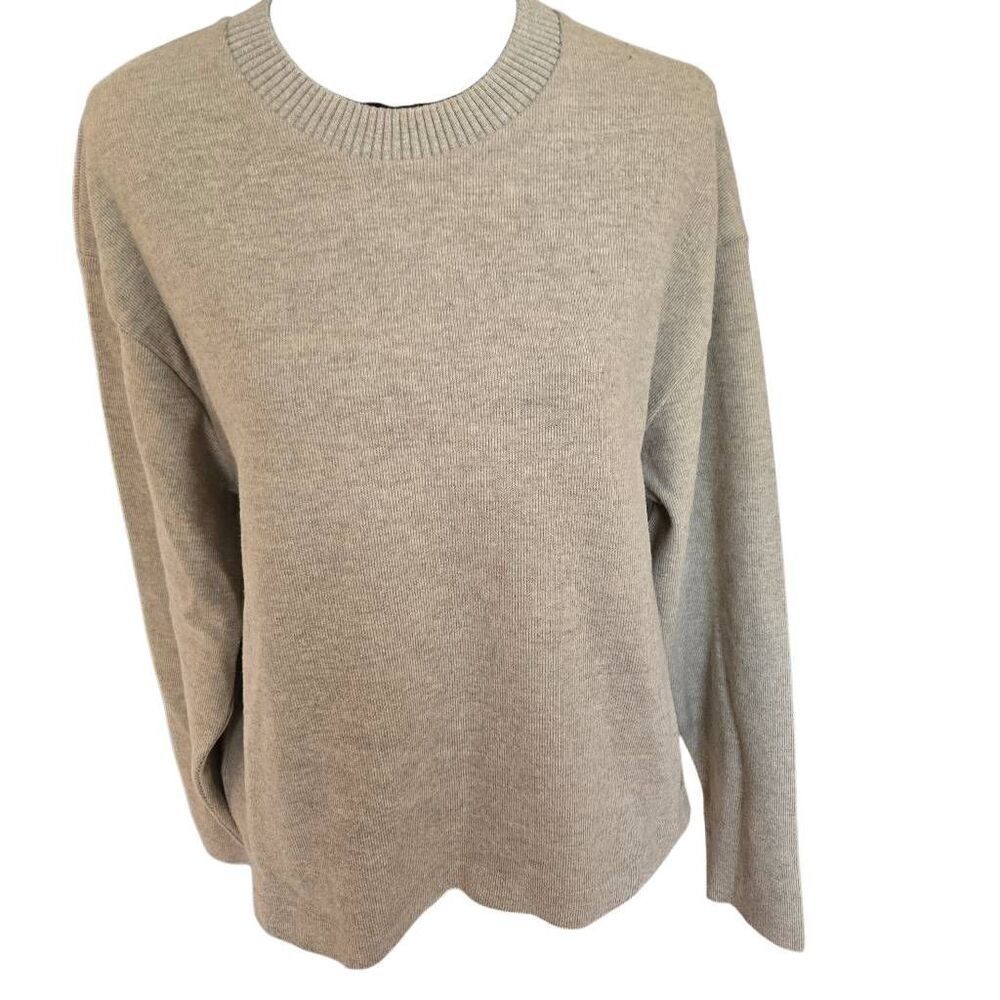 Zara Womens Ribbed Crew Neck Long Sleeve Pullover Sweater Tan Medium
